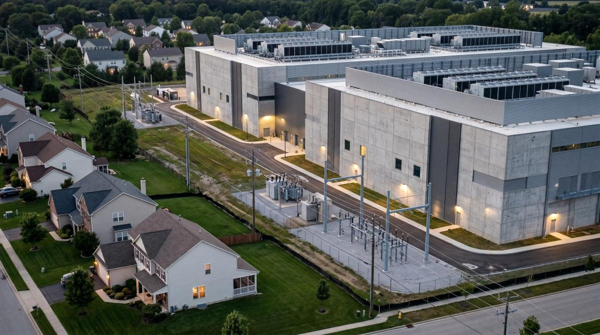 Aerial view of a large data center beside a residential neighborhood at dusk
