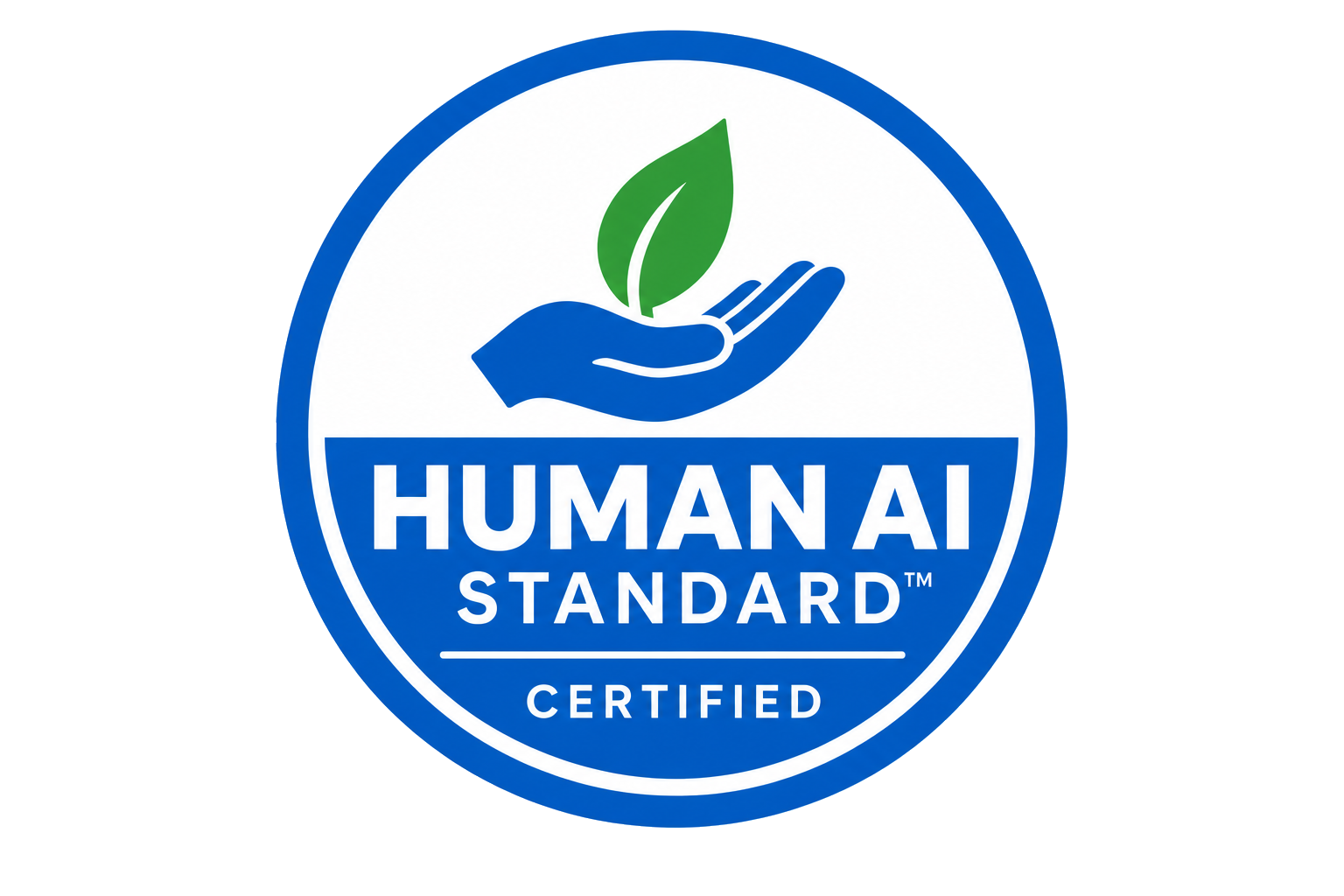 Human AI Standard Certified seal — a blue hand cradling a green leaf
